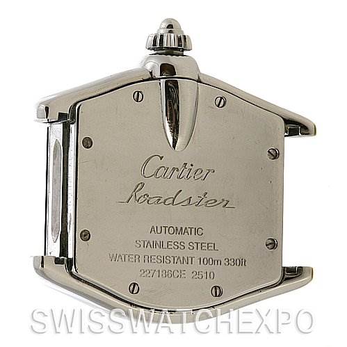 The image shows the back case of a Cartier Roadster W62025V3 Men's Stainless Steel Silver Dial W62025V3 Men's Stainless Steel Silver Dial watch, displaying its model information and specifications.