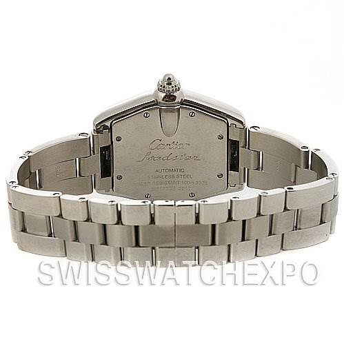 The image shows the back angle of a Cartier Roadster W62025V3 Men's Stainless Steel Silver Dial W62025V3 Men's Stainless Steel Silver Dial watch, focusing on the stainless steel case and bracelet.