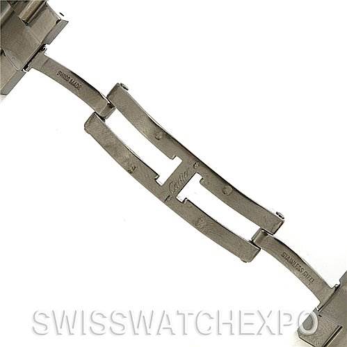 The image shows a close-up of the stainless steel clasp mechanism of a Roadster model by Cartier.