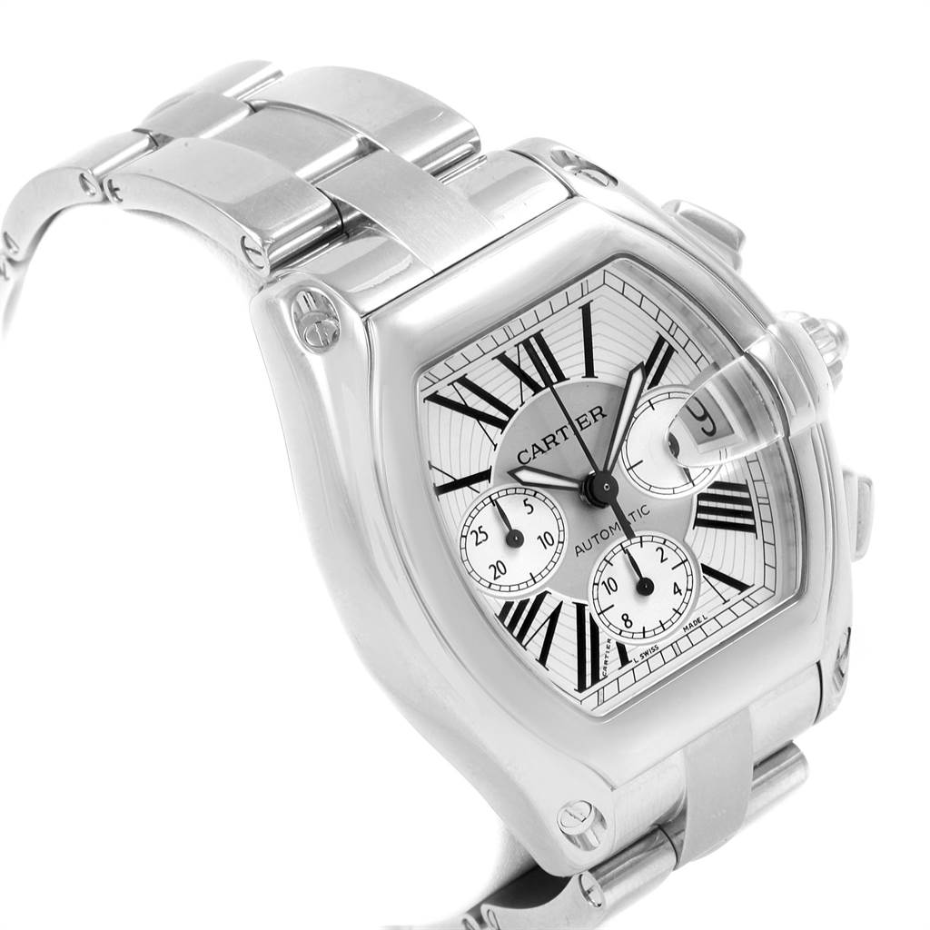 The Cartier Roadster W62019X6 Men's Stainless Steel Silver Dial W62019X6 Men's Stainless Steel Silver Dial watch is shown at a three-quarter angle, highlighting the face, band, and side detailing.