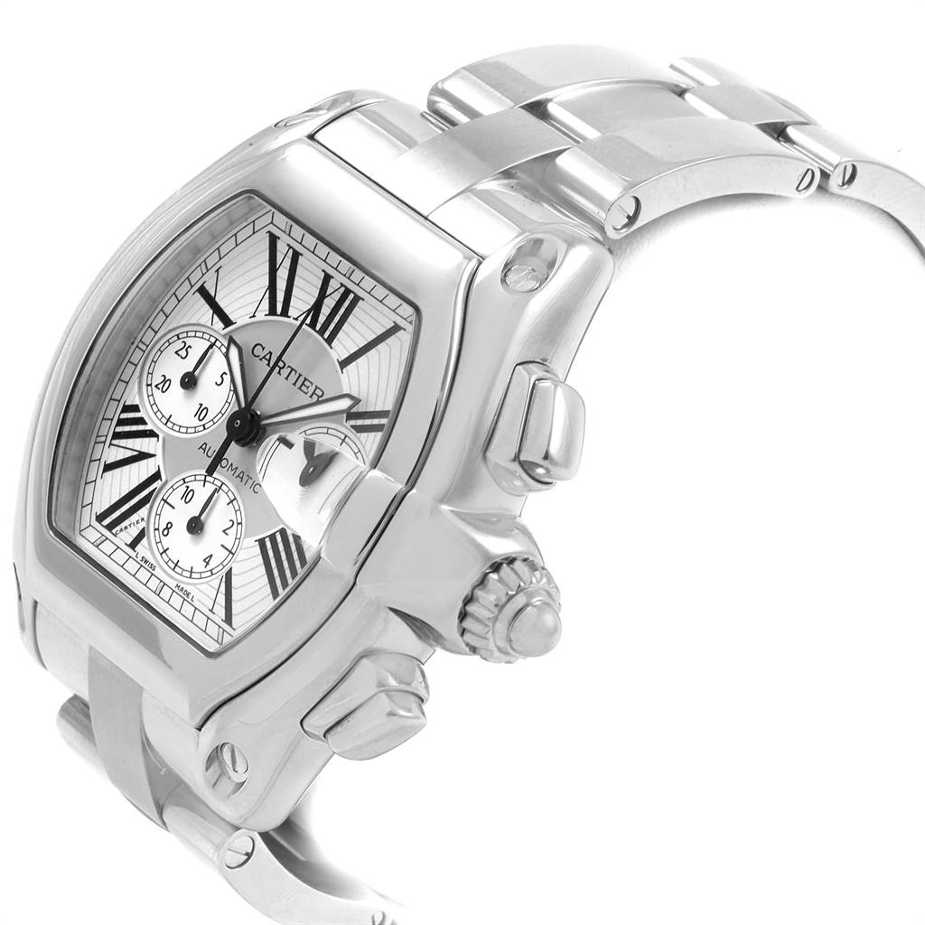 The image shows a close-up side angle of a Cartier Roadster W62019X6 Men's Stainless Steel Silver Dial W62019X6 Men's Stainless Steel Silver Dial watch, highlighting the case, dial, crown, and part of the bracelet.