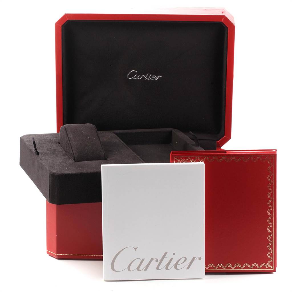The image shows the box and papers of a Cartier Roadster W62019X6 Men's Stainless Steel Silver Dial W62019X6 Men's Stainless Steel Silver Dial watch.