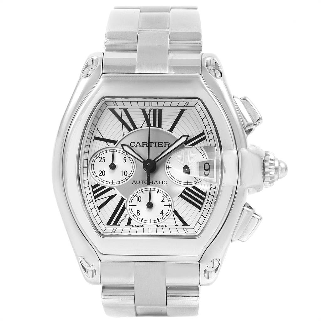 This is a frontal view of a Cartier Roadster W62019X6 Men's Stainless Steel Silver Dial W62019X6 Men's Stainless Steel Silver Dial watch, showing the dial, case, and part of the bracelet.