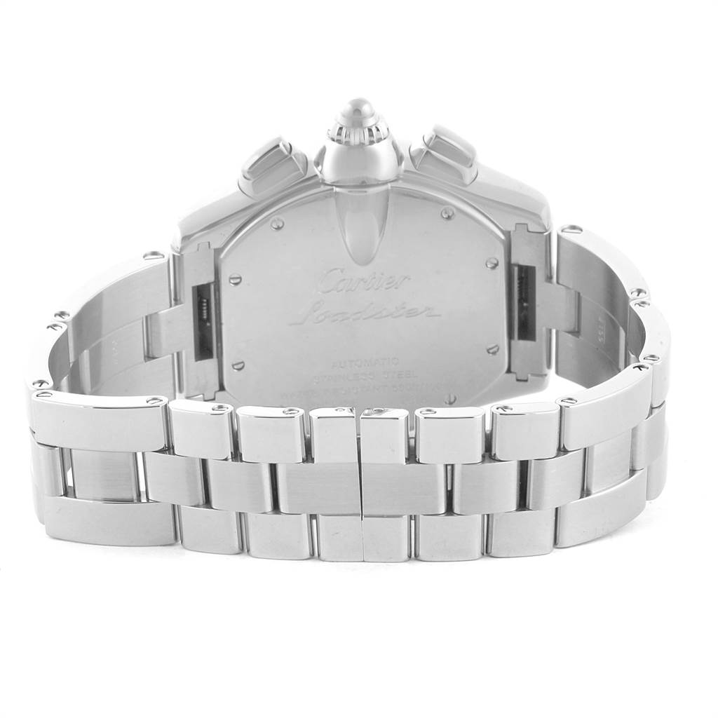 The image shows the back view of a Cartier Roadster W62019X6 Men's Stainless Steel Silver Dial W62019X6 Men's Stainless Steel Silver Dial watch, highlighting the stainless steel bracelet and case back.