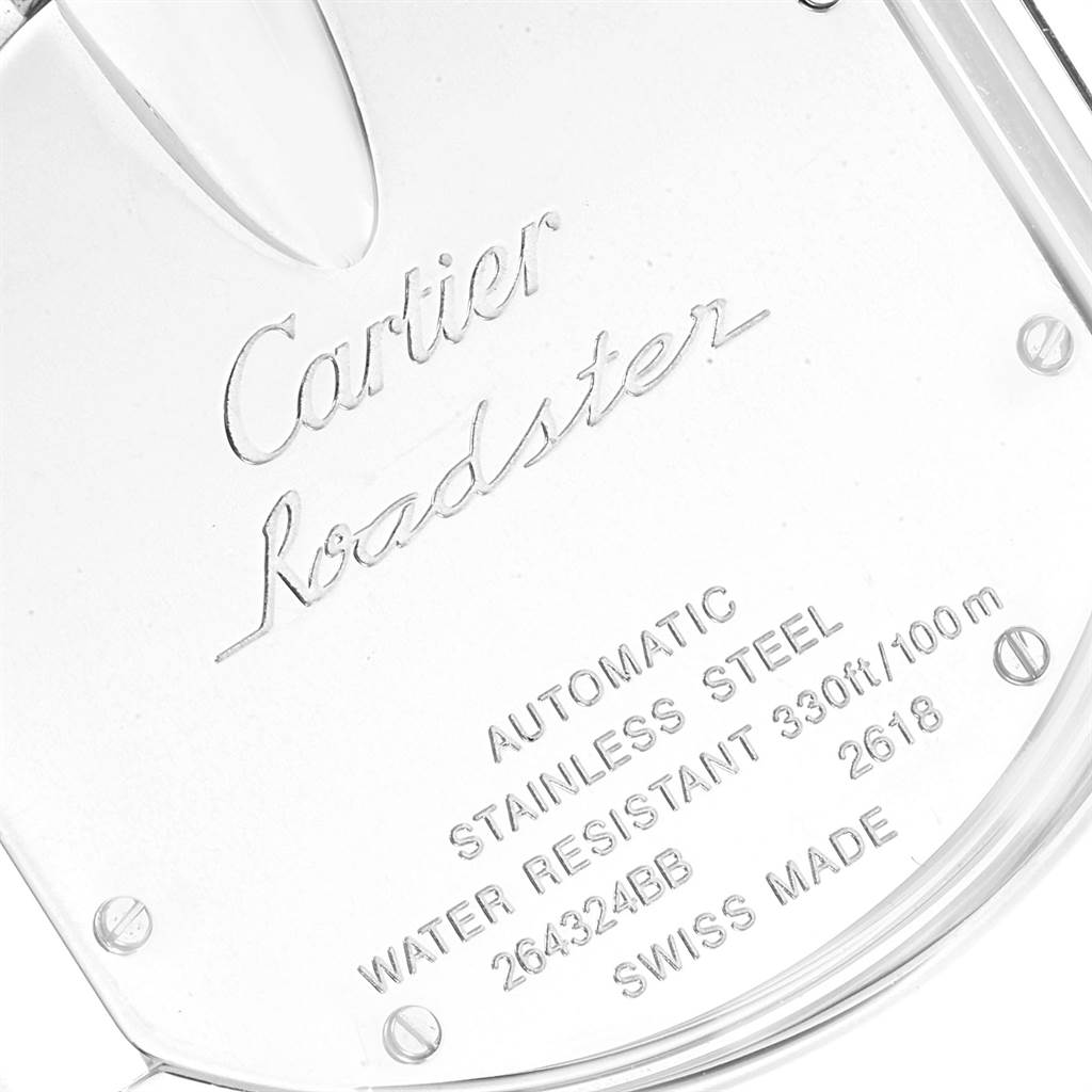 This image shows the back case of a Cartier Roadster W62019X6 Men's Stainless Steel Silver Dial W62019X6 Men's Stainless Steel Silver Dial watch, featuring engraved specifications and branding.