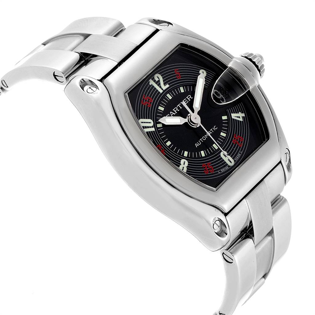 The image shows a Cartier Roadster W62002V3 Men
s Stainless Steel Black Dial W62002V3 Men
s Stainless Steel Black Dial watch at an angled side view, highlighting its face, bezel, crown, and part of the bracelet.