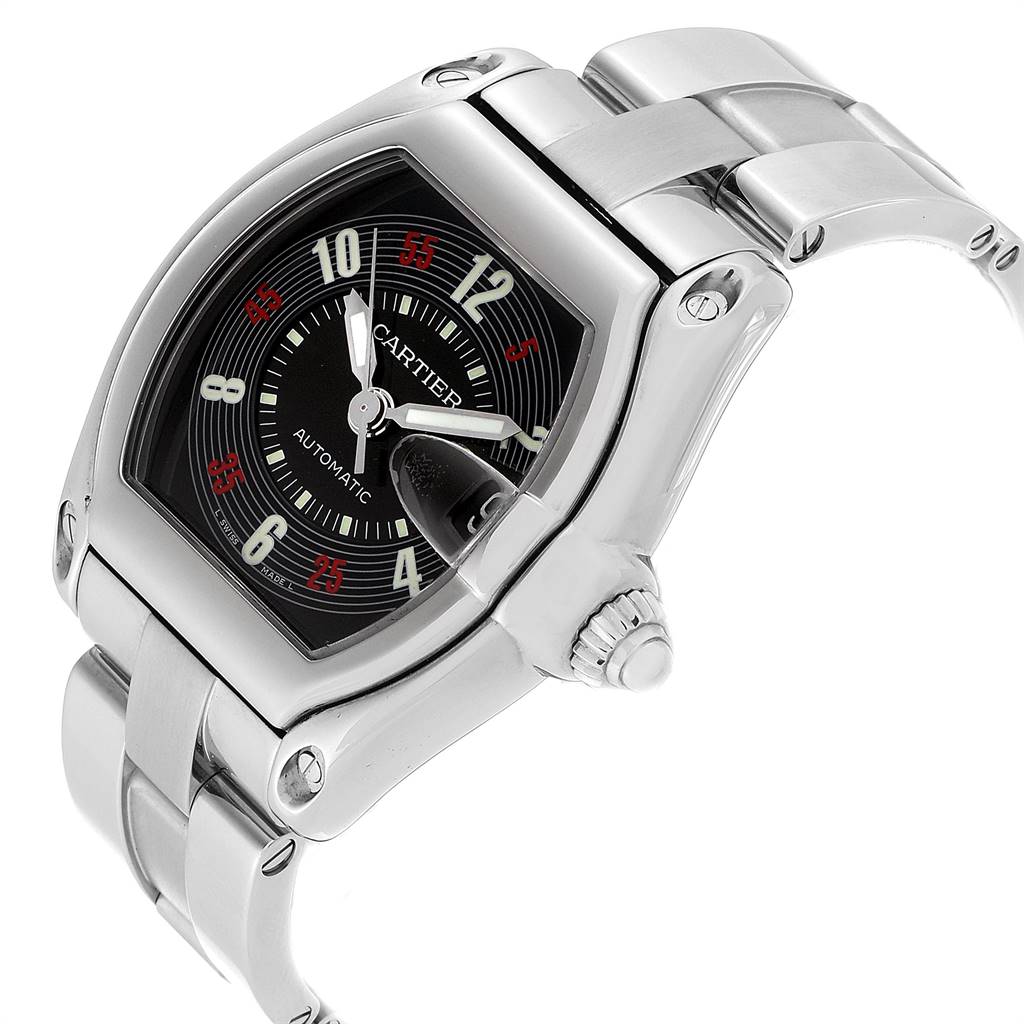 The Cartier Roadster W62002V3 Men
s Stainless Steel Black Dial W62002V3 Men
s Stainless Steel Black Dial watch is shown at an angle highlighting its face, bezel, crown, and part of the bracelet.