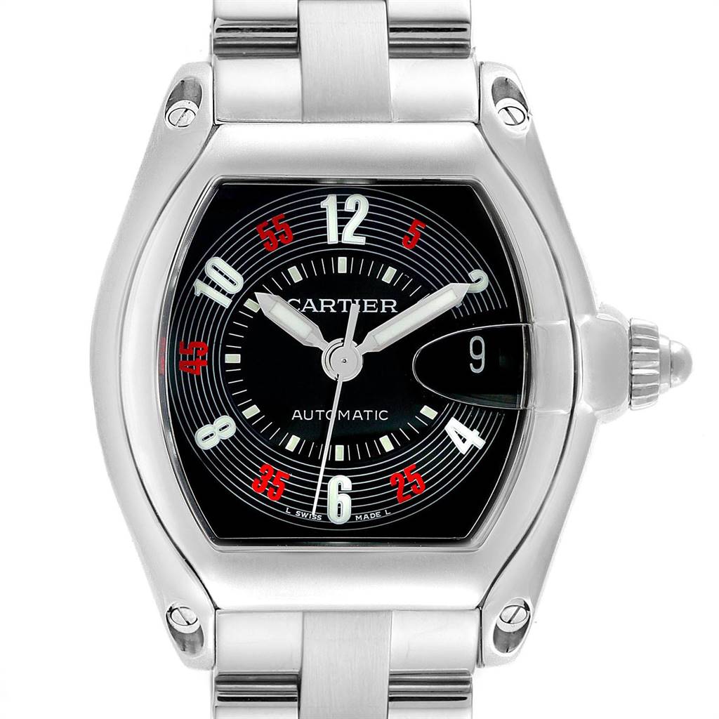 This image shows a front view of the Cartier Roadster W62002V3 Men
s Stainless Steel Black Dial W62002V3 Men
s Stainless Steel Black Dial watch, highlighting its face, dial, case, and part of the bracelet.