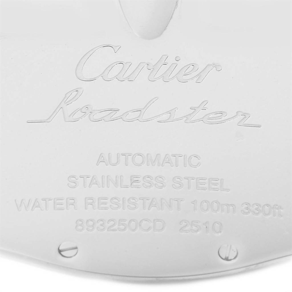 The image shows the back case of a Cartier Roadster W62002V3 Men
s Stainless Steel Black Dial W62002V3 Men
s Stainless Steel Black Dial watch, highlighting engravings and specifications.