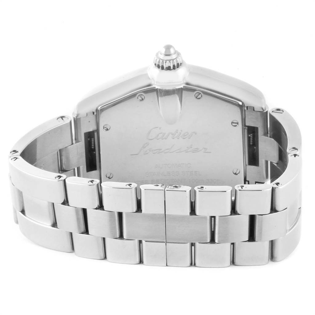 The image shows the backside and bracelet of a Cartier Roadster W62002V3 Men
s Stainless Steel Black Dial W62002V3 Men
s Stainless Steel Black Dial watch, highlighting the clasp and engraved details.