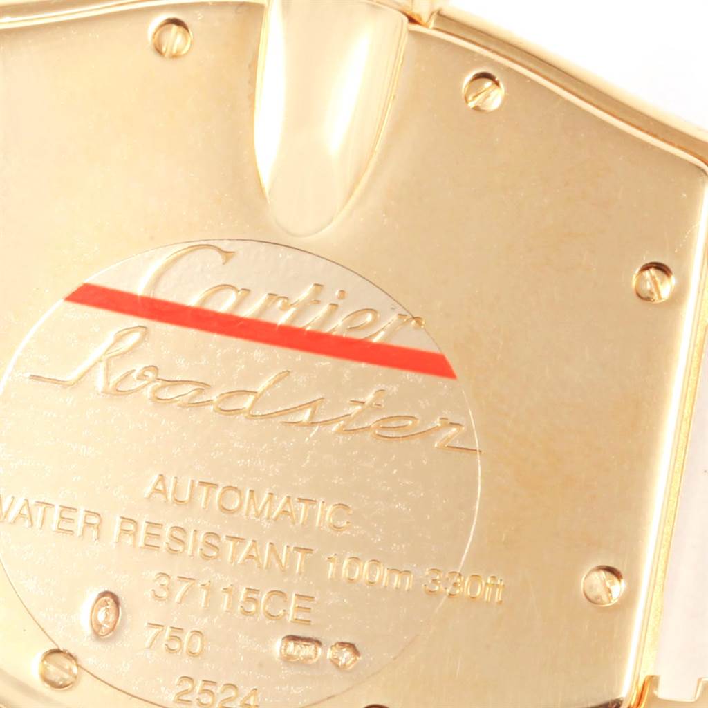 The image shows the back case of a Cartier Roadster W62005V1 Men's Yellow Gold Silver Dial W62005V1 Men's Yellow Gold Silver Dial watch, highlighting the engravings and water resistance details.