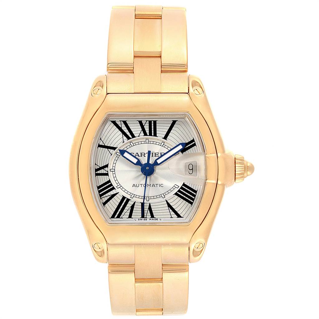 The Cartier Roadster W62005V1 Men's Yellow Gold Silver Dial W62005V1 Men's Yellow Gold Silver Dial watch is shown from the front, highlighting its face, bezel, and bracelet.