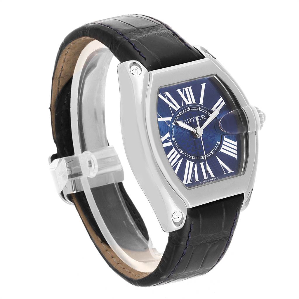 The Cartier Roadster W6206012 Men's Stainless Steel Blue Dial W6206012 Men's Stainless Steel Blue Dial watch is shown at an angled side view, highlighting its face, case, and leather strap.