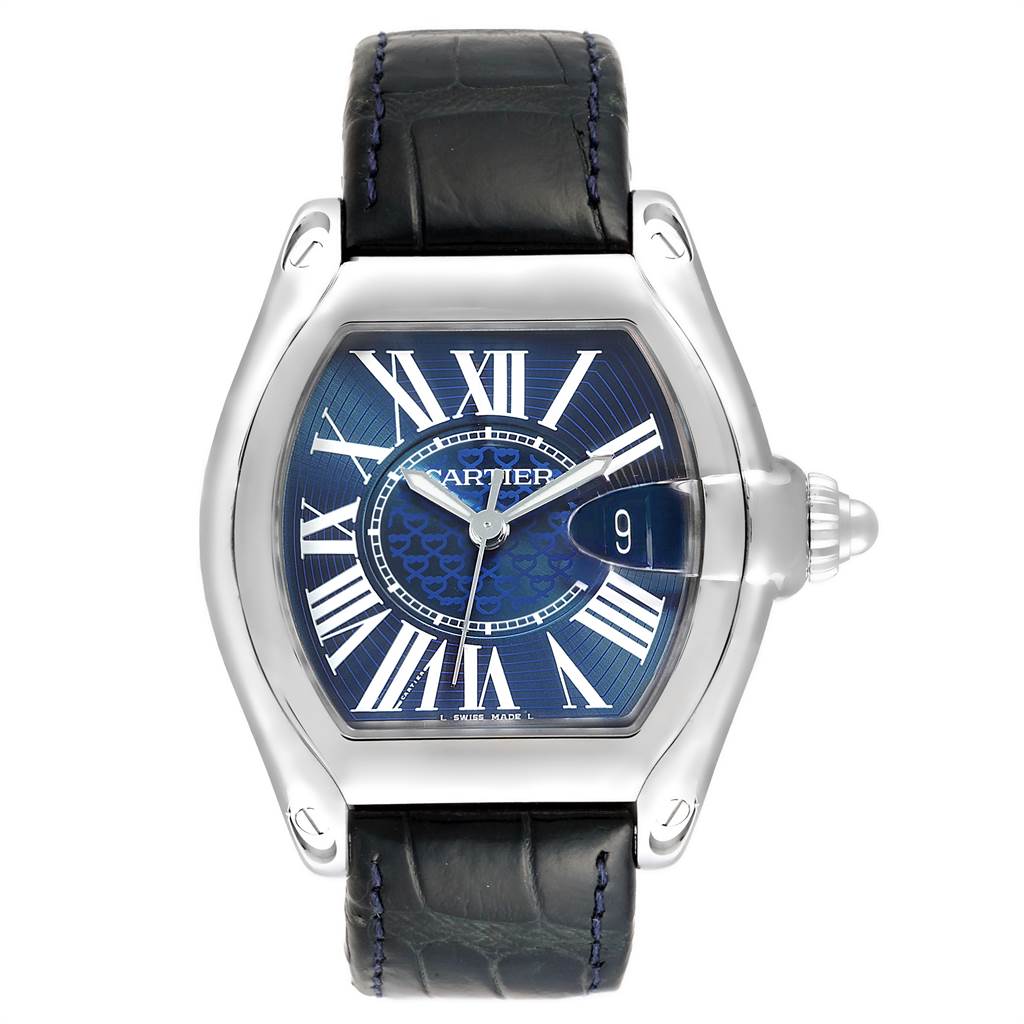 This image shows a Cartier Roadster W6206012 Men's Stainless Steel Blue Dial W6206012 Men's Stainless Steel Blue Dial watch from a front angle, displaying the dial, case, and leather strap.