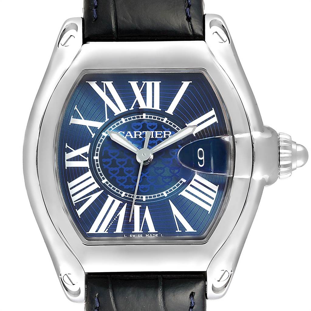 The image shows a front view of a Cartier Roadster W6206012 Men's Stainless Steel Blue Dial W6206012 Men's Stainless Steel Blue Dial watch featuring a blue dial and Roman numerals.