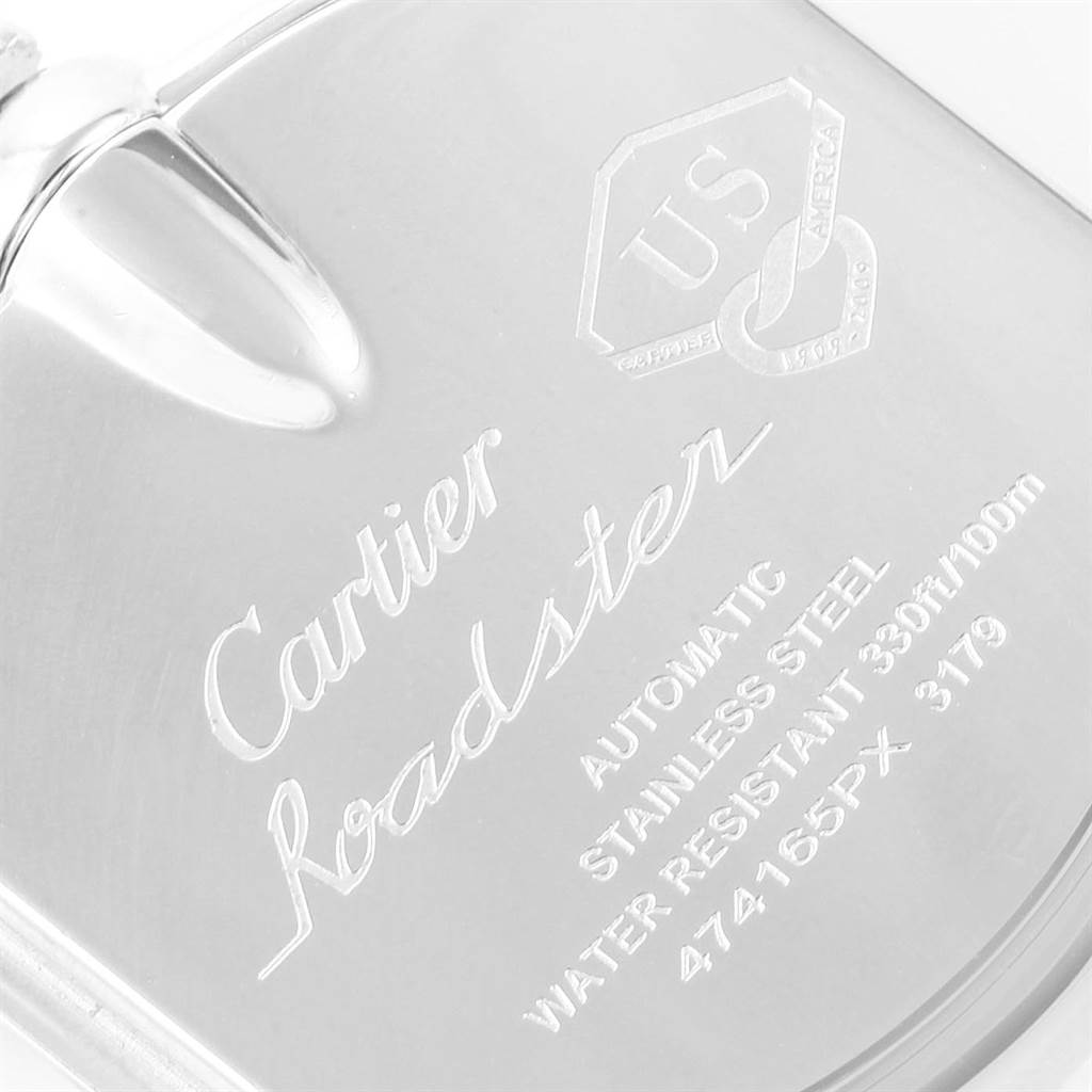 The image displays the back case of a Cartier Roadster W6206012 Men's Stainless Steel Blue Dial W6206012 Men's Stainless Steel Blue Dial watch at a close-up angle, showing markings and specifications.