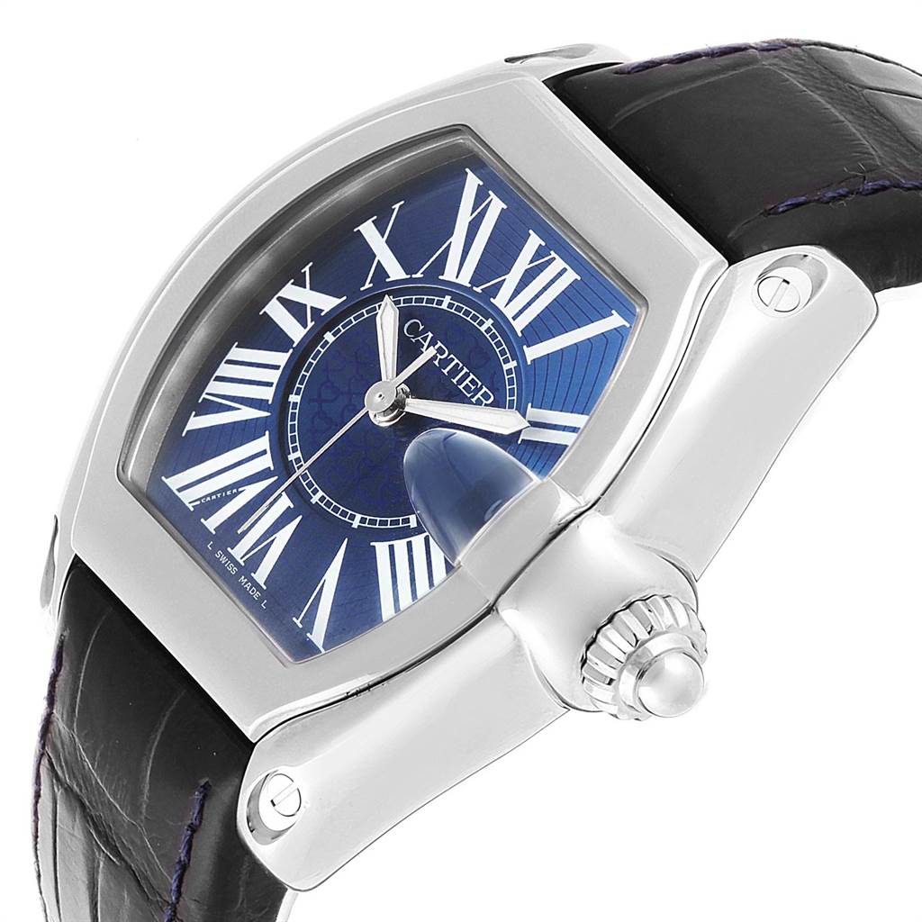This image shows a close-up view of the Cartier Roadster W6206012 Men's Stainless Steel Blue Dial W6206012 Men's Stainless Steel Blue Dial watch, focusing on the face, crown, and leather strap.