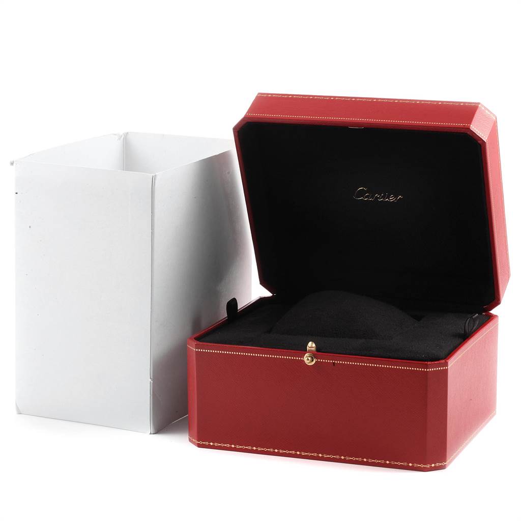 The image shows a Cartier Roadster W6206012 Men's Stainless Steel Blue Dial W6206012 Men's Stainless Steel Blue Dial watch's red presentation box, partially open, alongside a plain white outer box.