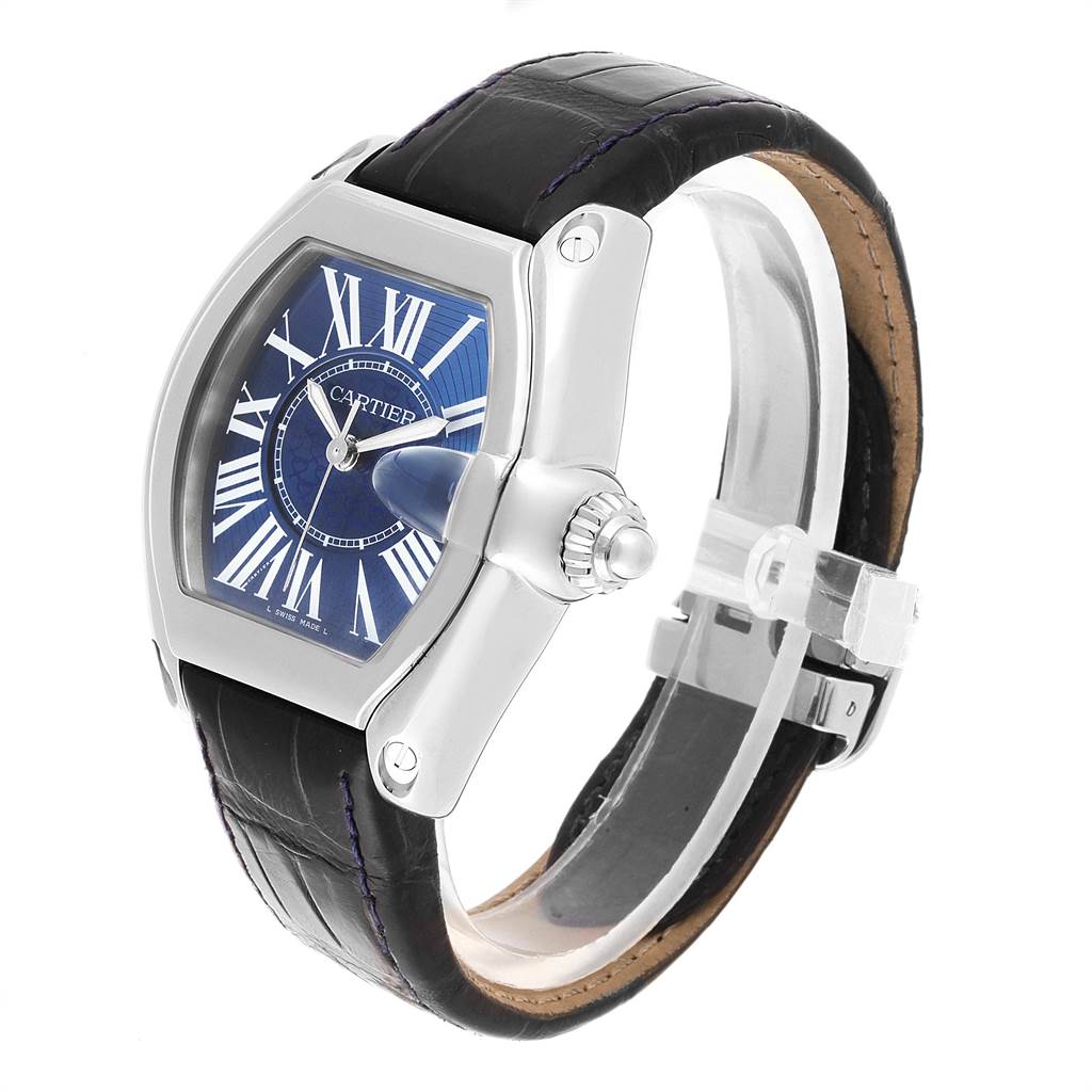 This image shows a side angle of the Cartier Roadster W6206012 Men's Stainless Steel Blue Dial W6206012 Men's Stainless Steel Blue Dial watch featuring its case, dial, crown, and leather strap.