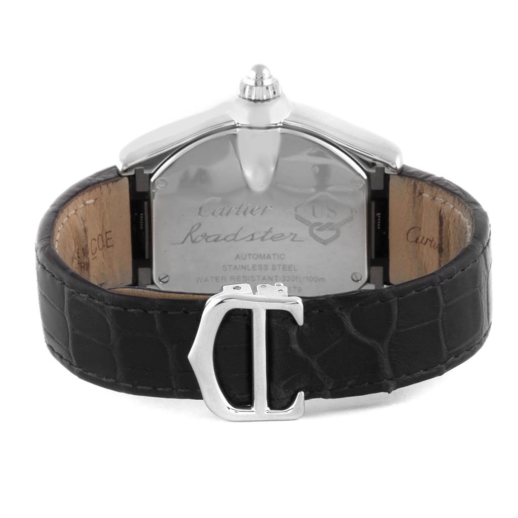 This image shows the back of a Cartier Roadster W6206012 Men's Stainless Steel Blue Dial W6206012 Men's Stainless Steel Blue Dial watch featuring its case back, crown, and leather strap with clasp.