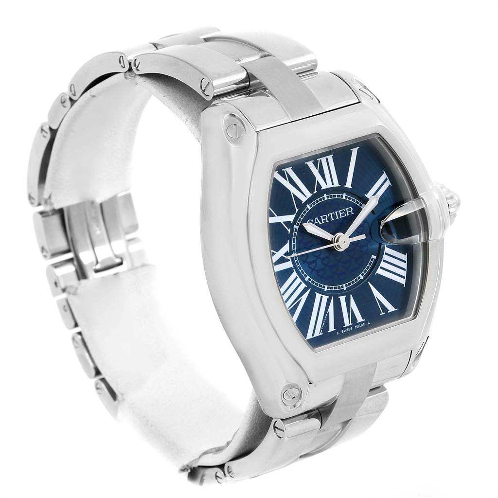 The image shows a Cartier Roadster W6206012 Men's Stainless Steel Blue Dial W6206012 Men's Stainless Steel Blue Dial watch angled to display its face, bracelet, and crown.