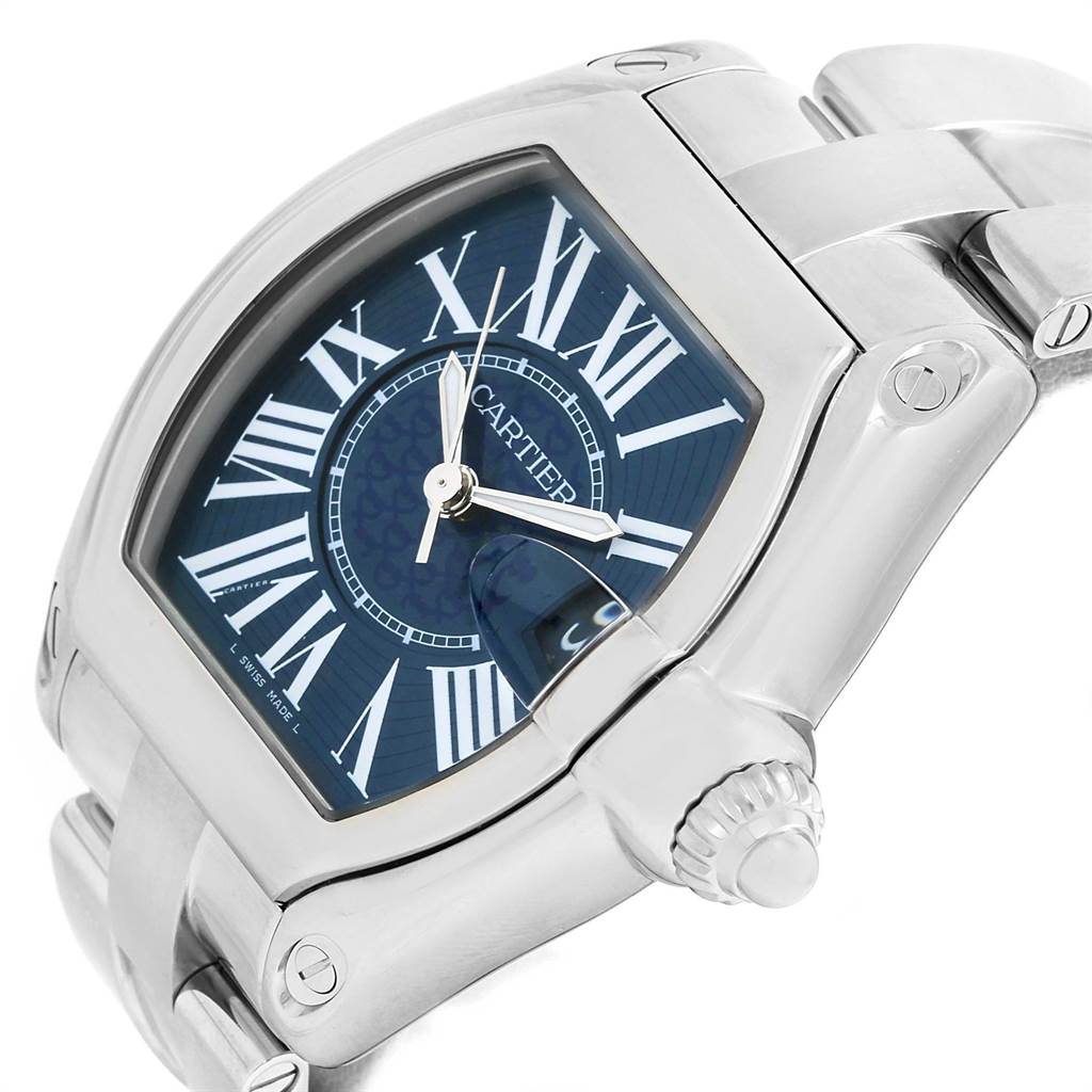 The Cartier Roadster W6206012 Men's Stainless Steel Blue Dial W6206012 Men's Stainless Steel Blue Dial watch is shown at an angle, highlighting the dial, crown, and part of the bracelet.