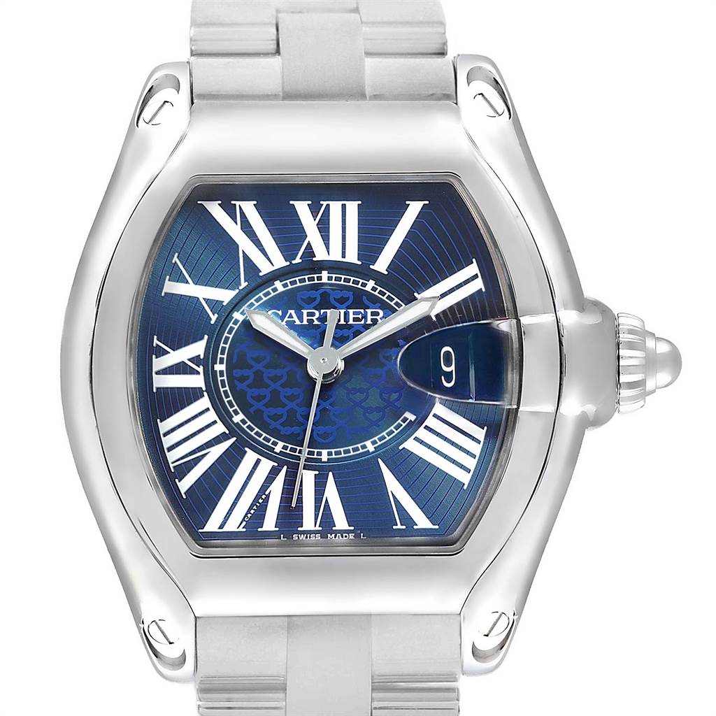 The Cartier Roadster W6206012 Men's Stainless Steel Blue Dial W6206012 Men's Stainless Steel Blue Dial watch is shown from a front angle, displaying its face, bezel, and a portion of the bracelet.