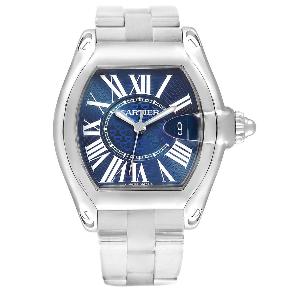 The image shows a Cartier Roadster W6206012 Men's Stainless Steel Blue Dial W6206012 Men's Stainless Steel Blue Dial watch from the front, highlighting its face, case, and bracelet.