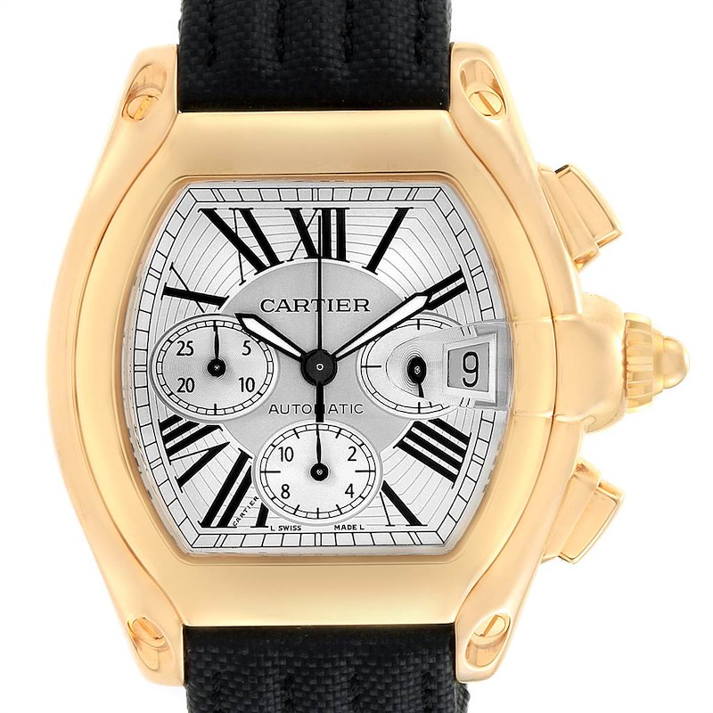 Cartier Roadster Chronograph Yellow Gold Black Strap Watch W62021Y3 Box Papers SwissWatchExpo