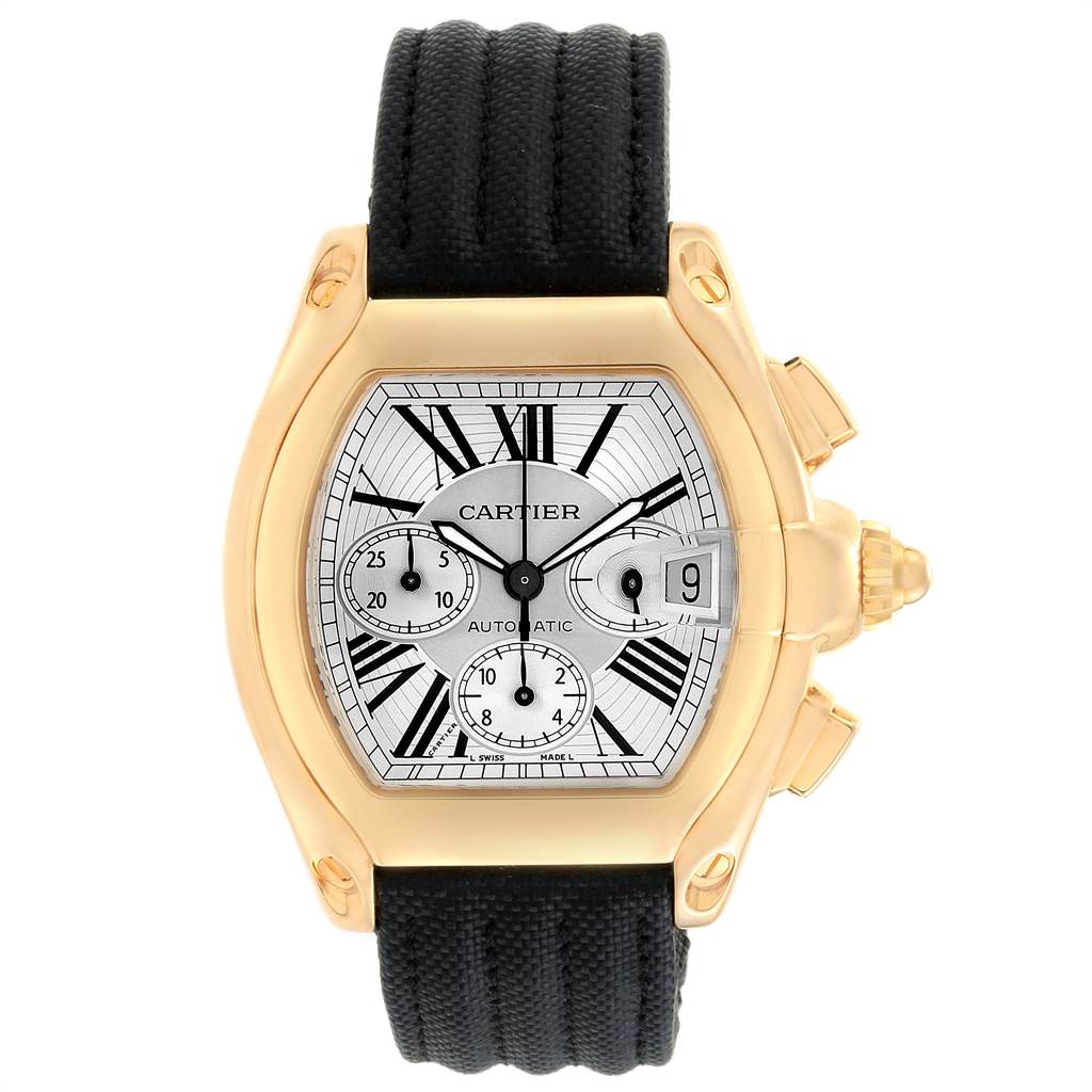 The image shows a front view of the Cartier Roadster W62021Y3 Men's Yellow Gold Silver Dial W62021Y3 Men's Yellow Gold Silver Dial watch, highlighting its face, black strap, and gold-tone case.
