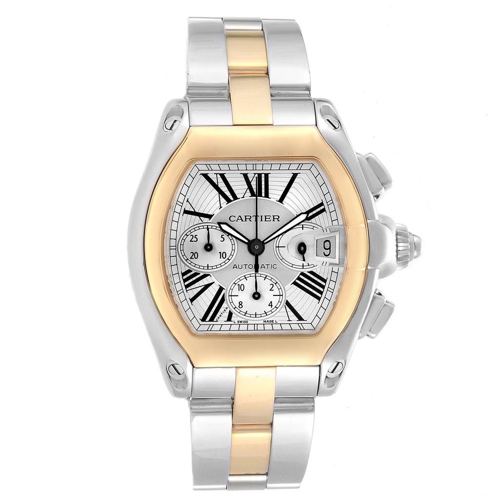 The image shows a front view of the face, bezel, crown, and strap of a Cartier Roadster W62027Z1 Men's Steel and Gold (two tone) Silver Dial W62027Z1 Men's Steel and Gold (two tone) Silver Dial watch.