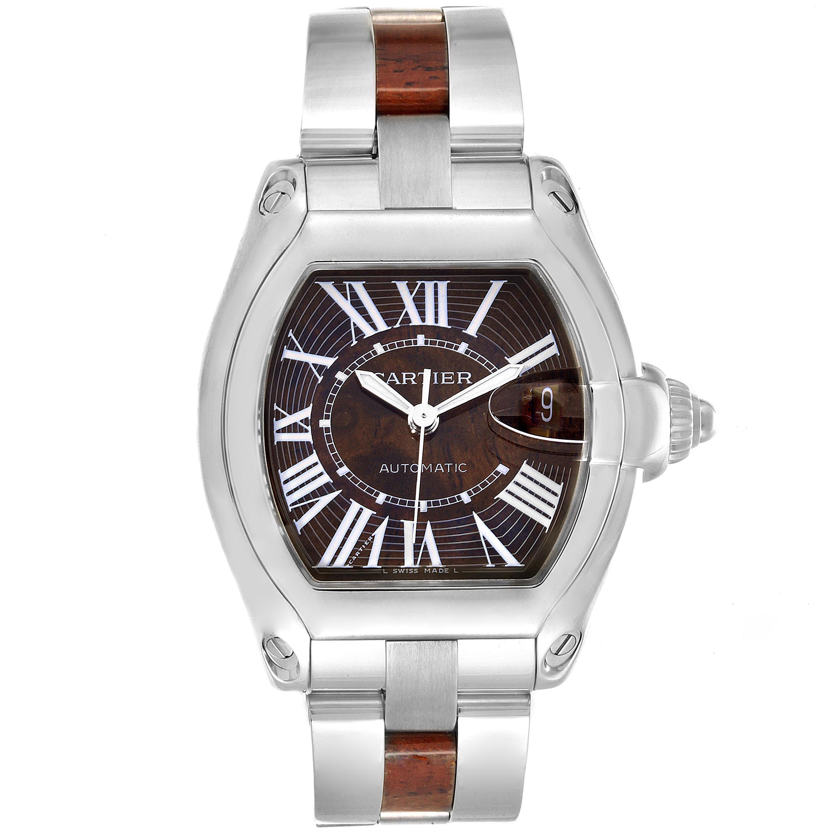 This image shows a frontal view of the Cartier Roadster W6206000 Men's White Gold Brown Dial W6206000 Men's White Gold Brown Dial watch featuring its dial, case, and bracelet.