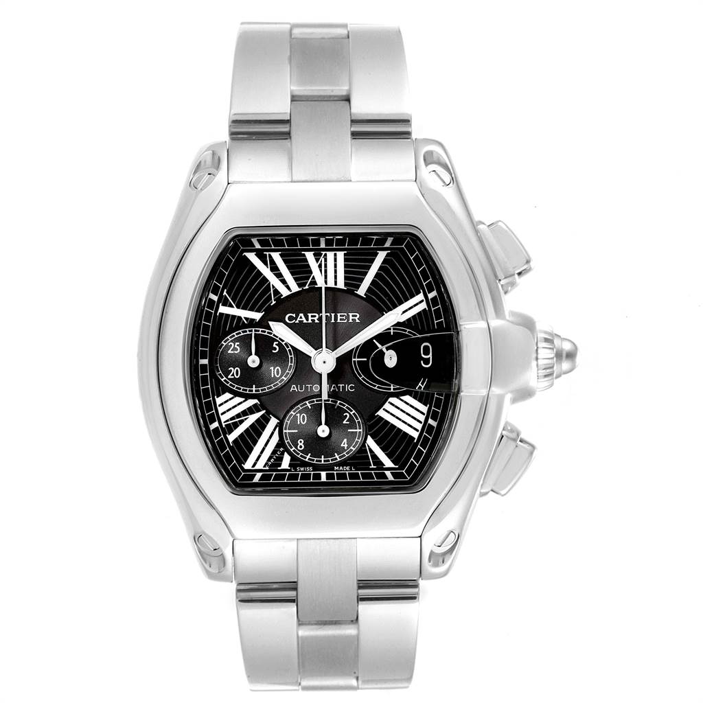 The image shows a frontal view of the Roadster model by Cartier, displaying its dial, case, and bracelet.
