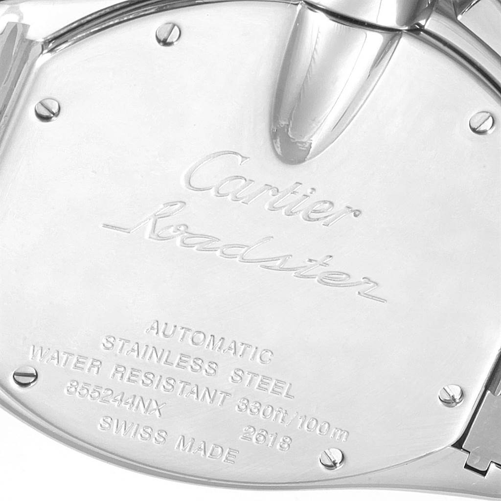 The image shows the back casing of the Cartier Roadster W62020X6 Men's Stainless Steel Black Dial W62020X6 Men's Stainless Steel Black Dial watch, highlighting its inscriptions.