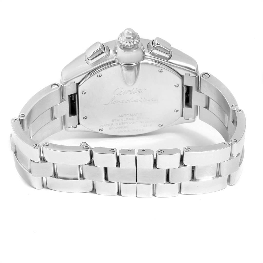 The image shows the back and bracelet of a Cartier Roadster W62020X6 Men's Stainless Steel Black Dial W62020X6 Men's Stainless Steel Black Dial watch, highlighting its stainless steel case and deployment clasp.