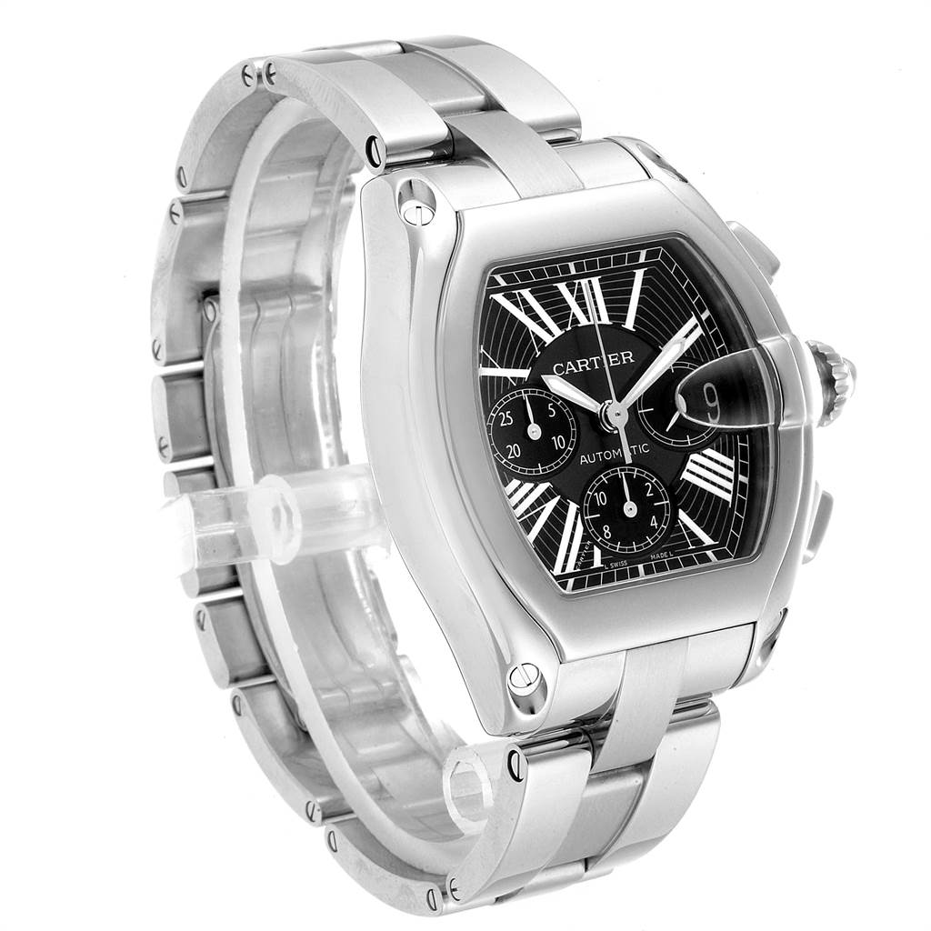 This image shows a Cartier Roadster W62020X6 Men's Stainless Steel Black Dial W62020X6 Men's Stainless Steel Black Dial watch at a three-quarter angle, highlighting the face, crown, and bracelet.