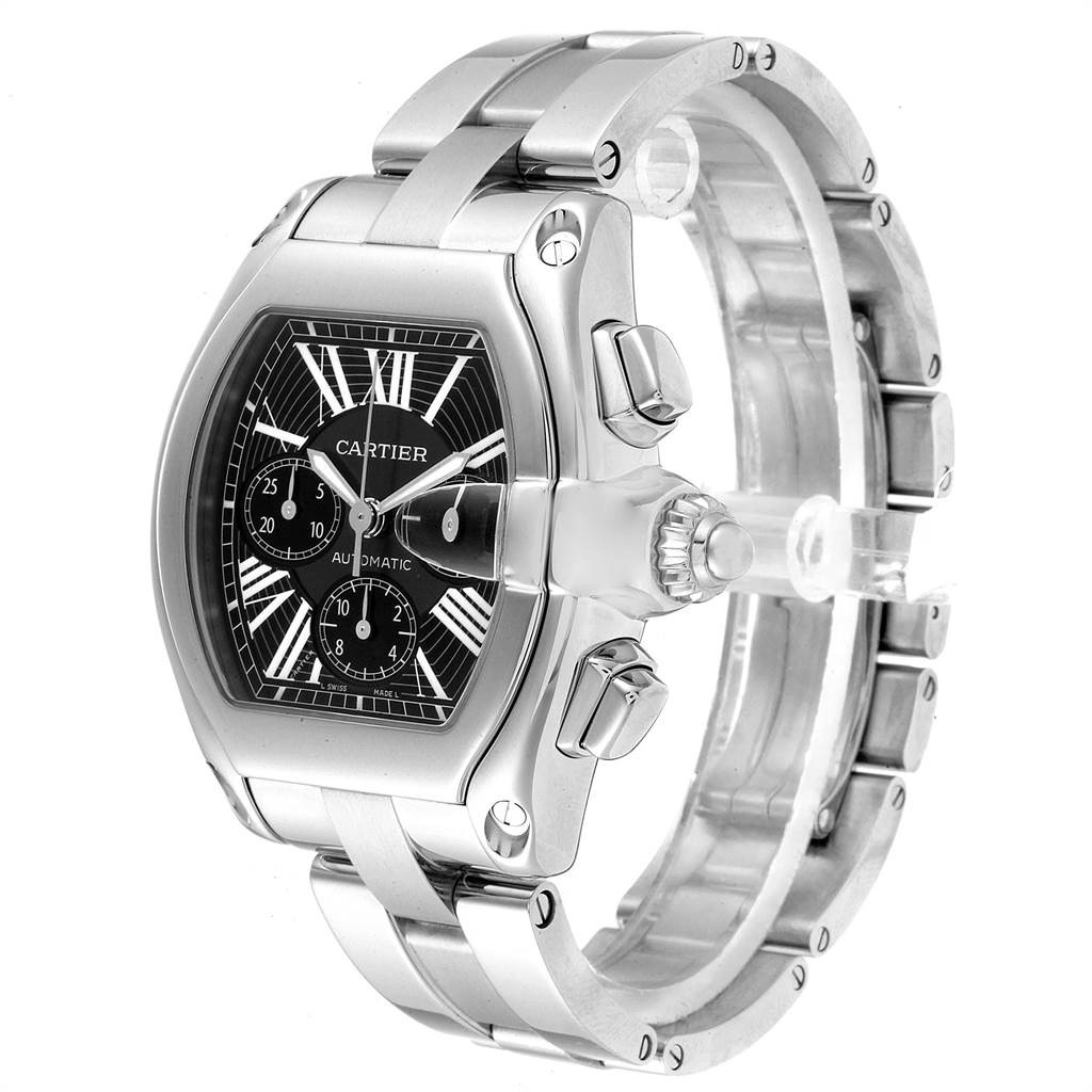 The image shows a Cartier Roadster W62020X6 Men's Stainless Steel Black Dial W62020X6 Men's Stainless Steel Black Dial watch at a three-quarter angle, displaying the case, dial, crown, pushers, and bracelet.