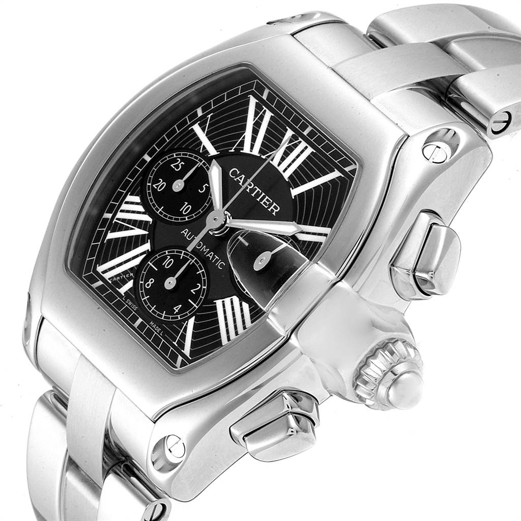 This image shows a Cartier Roadster W62020X6 Men's Stainless Steel Black Dial W62020X6 Men's Stainless Steel Black Dial watch from a three-quarter angle, displaying the dial, crown, and part of the bracelet.