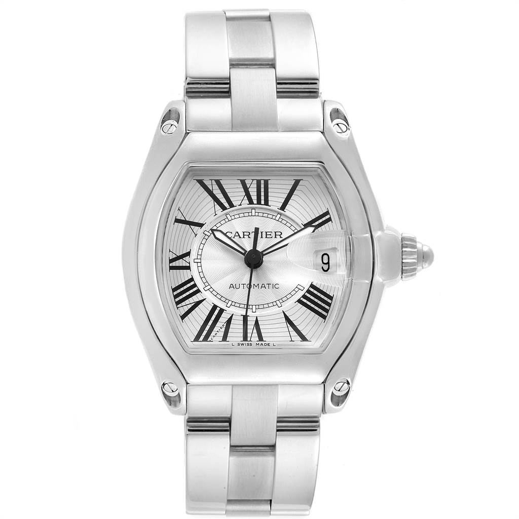 The image shows a Cartier Roadster W62025V3 Men's Stainless Steel Silver Dial W62025V3 Men's Stainless Steel Silver Dial watch from a top-down angle, displaying its face, bracelet, and crown.