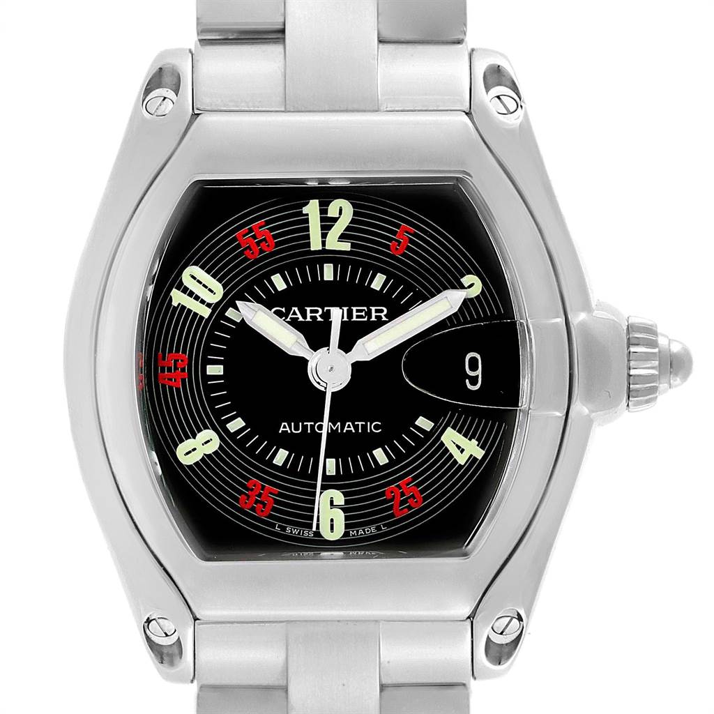 The image shows the front view of a Cartier Roadster W62002V3 Men's Stainless Steel Black Dial W62002V3 Men's Stainless Steel Black Dial watch, highlighting the dial, hands, and part of the stainless steel bracelet.