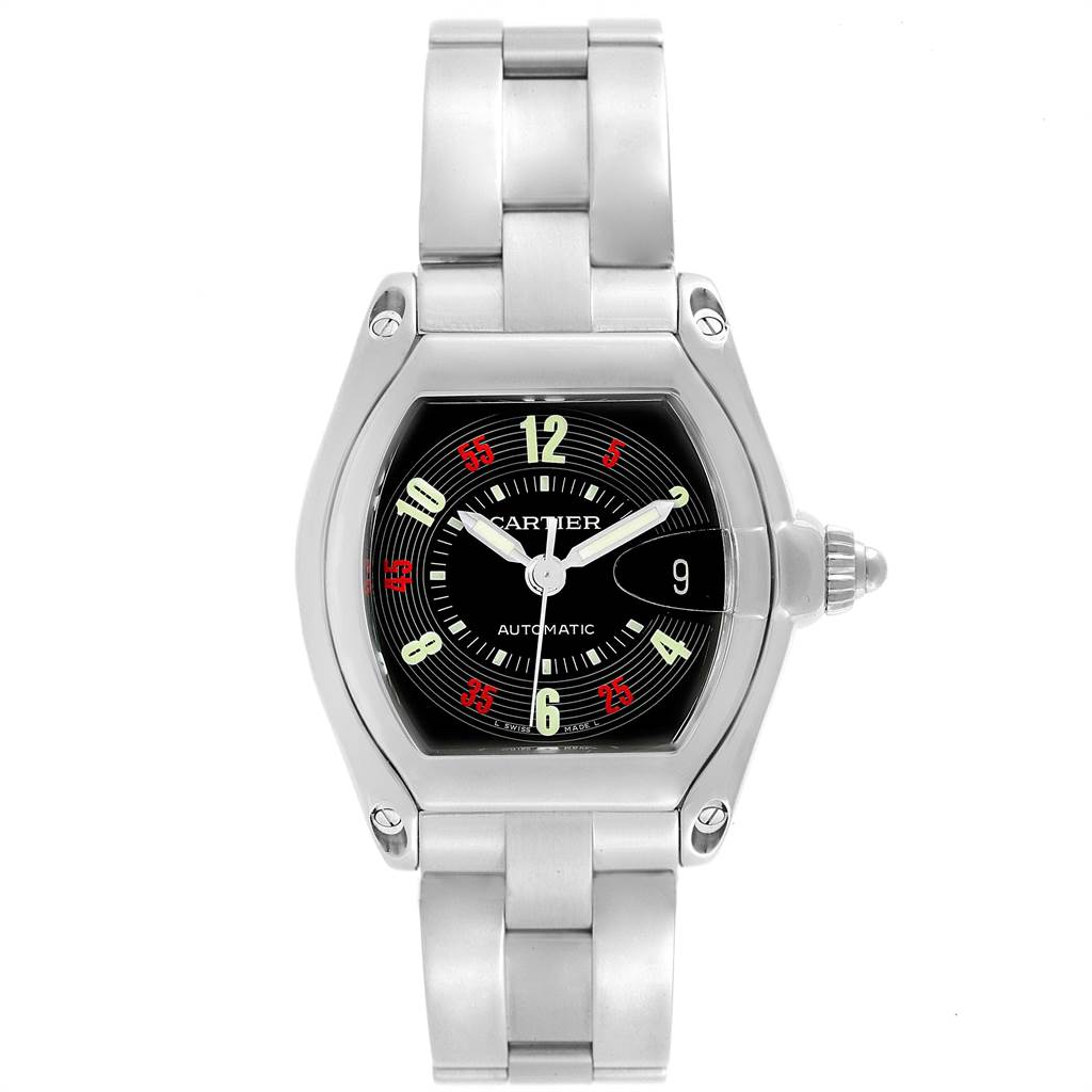 This image shows a front view of the Cartier Roadster W62002V3 Men's Stainless Steel Black Dial W62002V3 Men's Stainless Steel Black Dial model watch, displaying the dial, casing, bracelet, and crown.