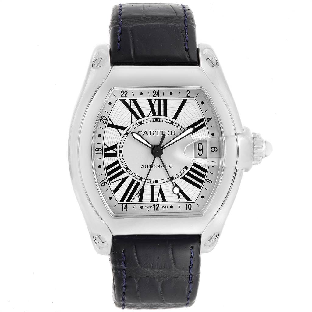 The image shows a Cartier Roadster W62032X6 Men's Stainless Steel Silver Dial W62032X6 Men's Stainless Steel Silver Dial watch from a top-down angle, highlighting the dial, hands, date window, and leather strap.