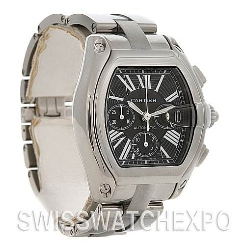 The image shows a stainless steel Cartier Roadster W62020X6 Men's Stainless Steel Black Dial W62020X6 Men's Stainless Steel Black Dial watch angled from the left, displaying its face, crown, and part of the bracelet.