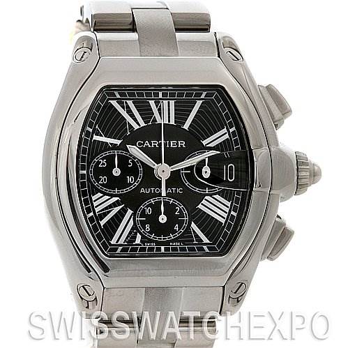 This image shows a front view of the Cartier Roadster W62020X6 Men's Stainless Steel Black Dial W62020X6 Men's Stainless Steel Black Dial watch, featuring its face, bezel, and part of the bracelet.