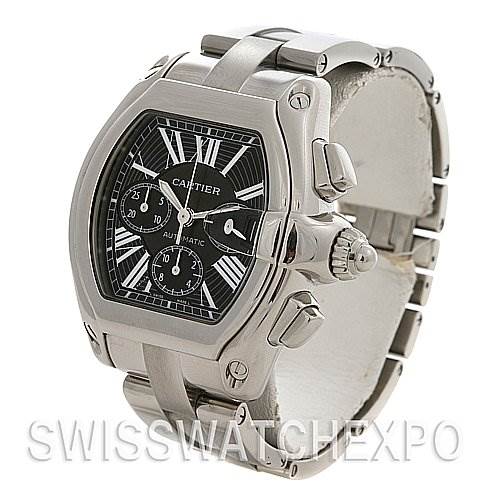 The image shows the Cartier Roadster W62020X6 Men's Stainless Steel Black Dial W62020X6 Men's Stainless Steel Black Dial watch from an angled side view, emphasizing its face, bezel, crown, and part of its bracelet.