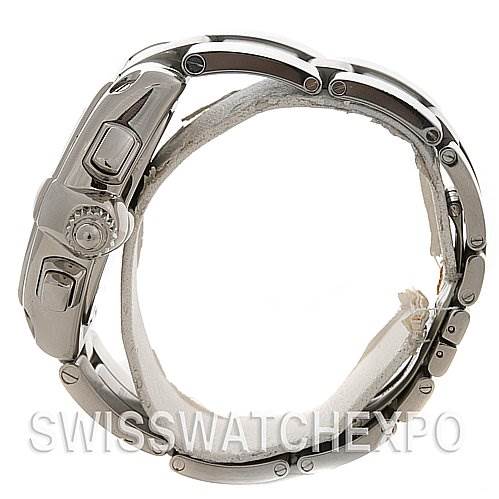 This image shows a side view of the Cartier Roadster W62020X6 Men's Stainless Steel Black Dial W62020X6 Men's Stainless Steel Black Dial watch, displaying its crown, pushers, and bracelet.