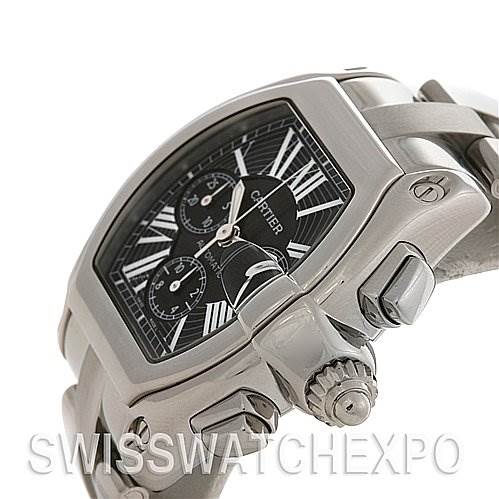 This image shows a side view of the Cartier Roadster W62020X6 Men's Stainless Steel Black Dial W62020X6 Men's Stainless Steel Black Dial watch, highlighting the dial, crown, and part of the bracelet.