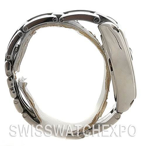 This is a side view of the Cartier Roadster W62020X6 Men's Stainless Steel Black Dial W62020X6 Men's Stainless Steel Black Dial watch showcasing the bracelet and case.