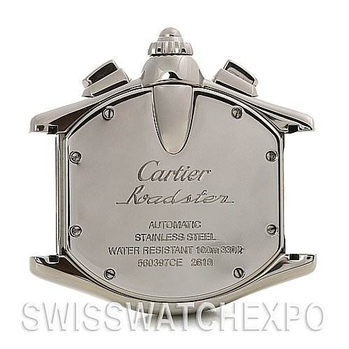The image shows the back of the Cartier Roadster W62020X6 Men's Stainless Steel Black Dial W62020X6 Men's Stainless Steel Black Dial watch, displaying model details and specifications.