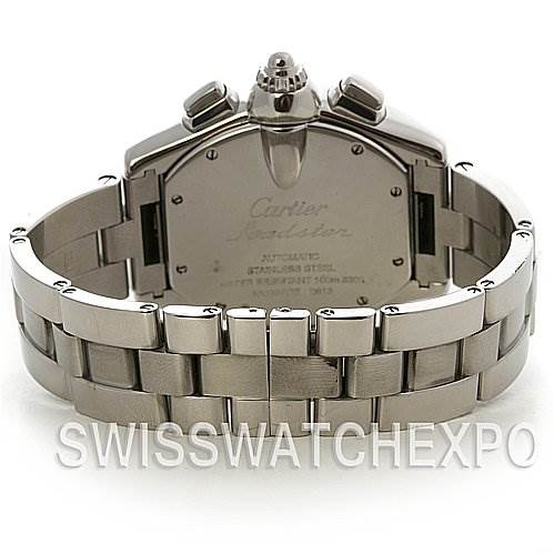 The image shows the backside and bracelet of a Cartier Roadster W62020X6 Men's Stainless Steel Black Dial W62020X6 Men's Stainless Steel Black Dial watch, highlighting the stainless steel design and engravings.